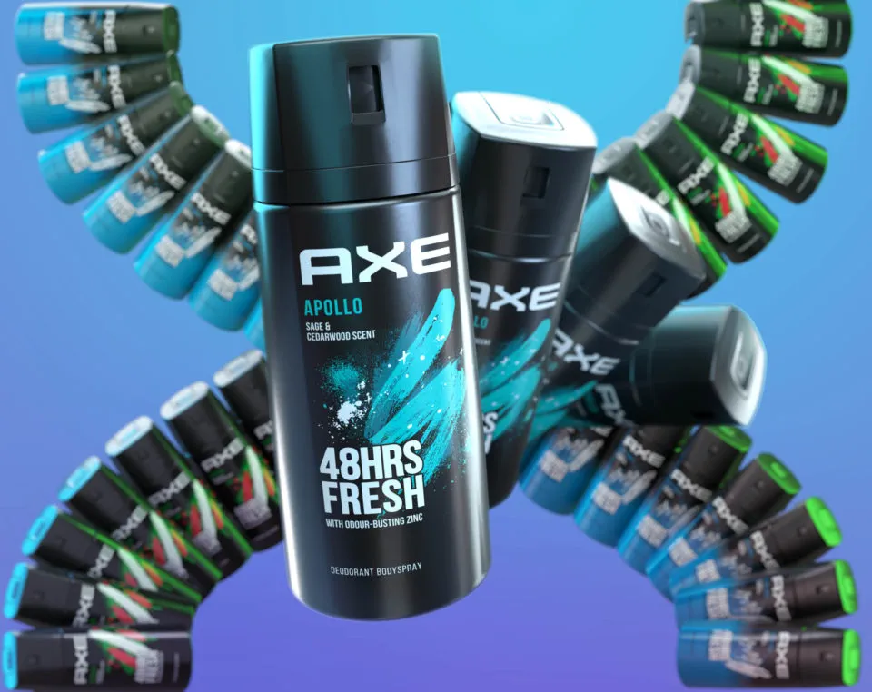 An AXE Apollo body spray can framed by metallic mechanical forms