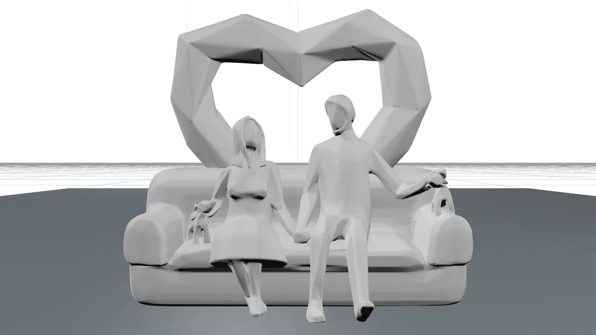 An untextured sculpt of a seated couple beneath a heart-shaped structure