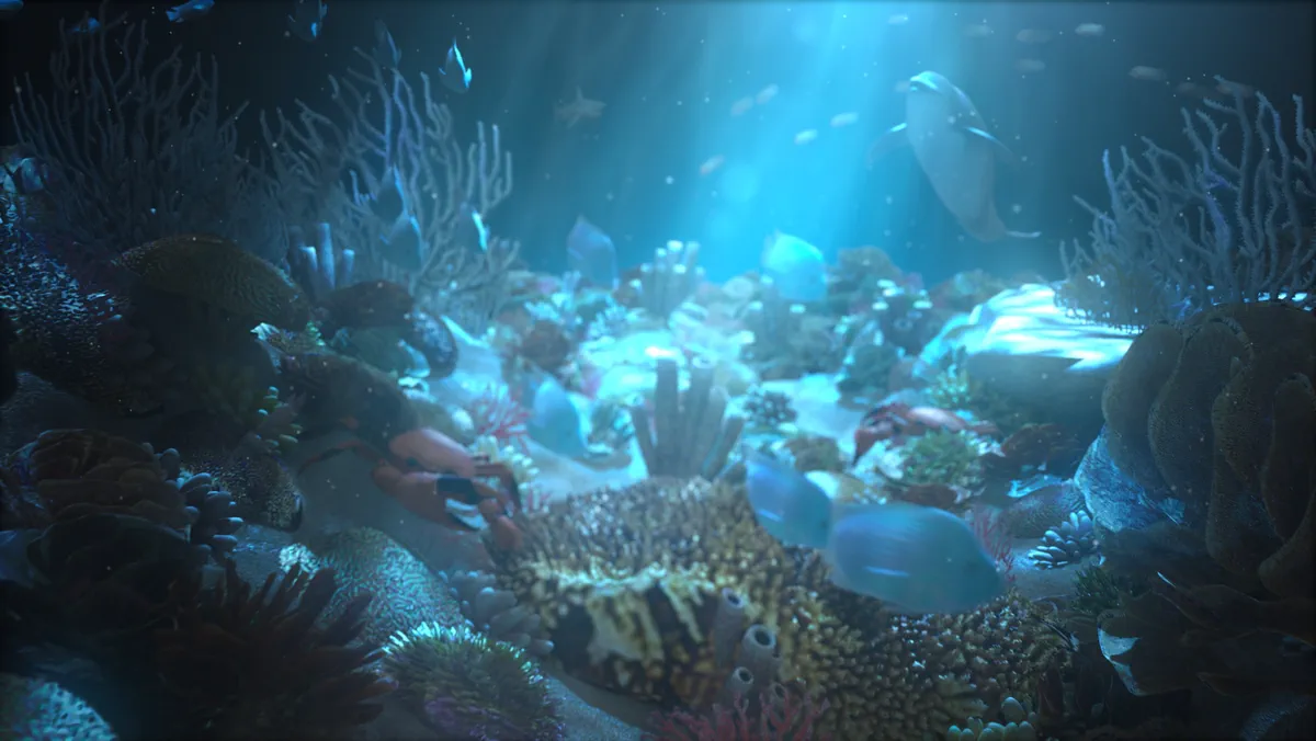 A luminous coral reef fills a deep blue underwater environment