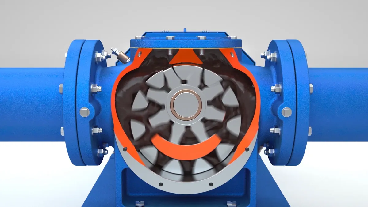 A blue DESMI pump cutaway reveals the internal rotor and housing