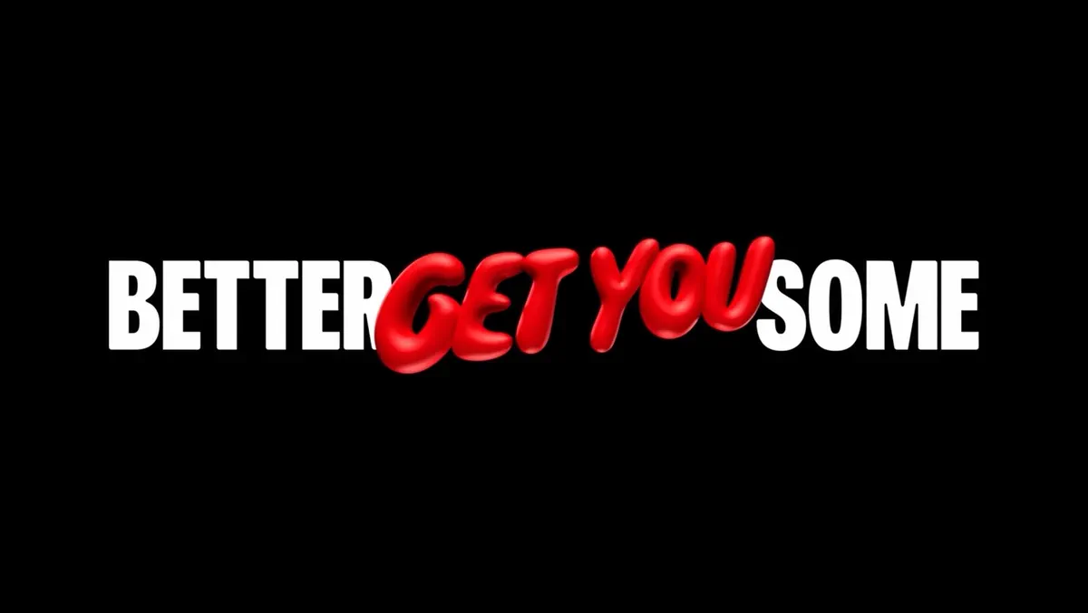 Bold white and red dimensional lettering emerges from a black background