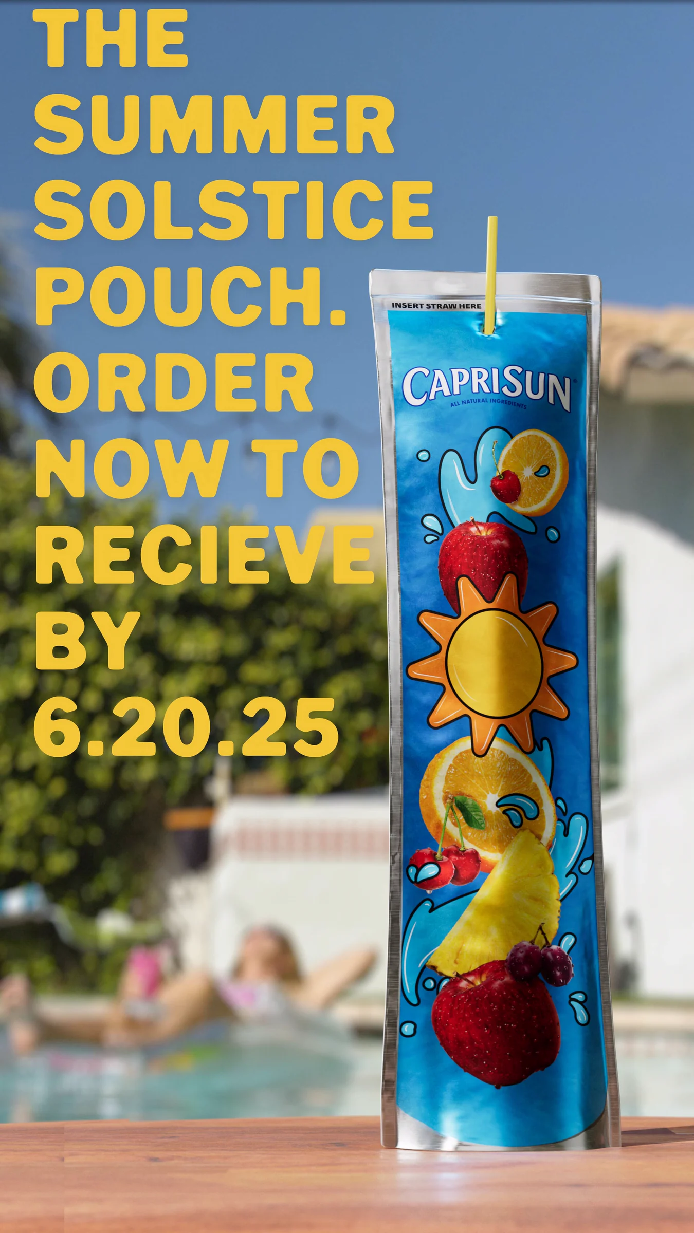 Rendering of the extra-long Capri Sun Solstice pouch with revised proportions and taller label artwork.