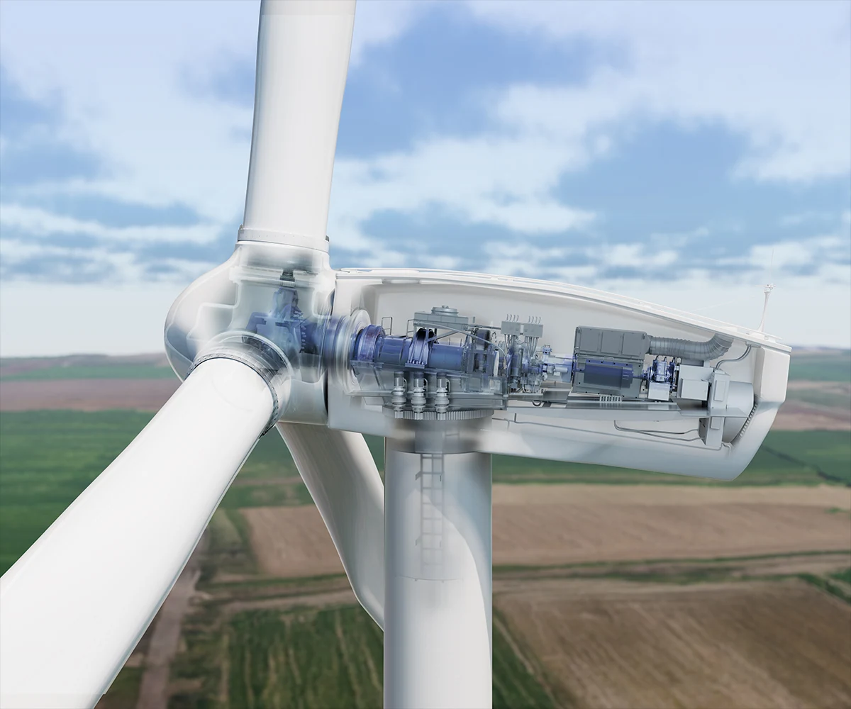 Cutaway view of a wind turbine nacelle showing the reconstructed drivetrain and bearing assembly.