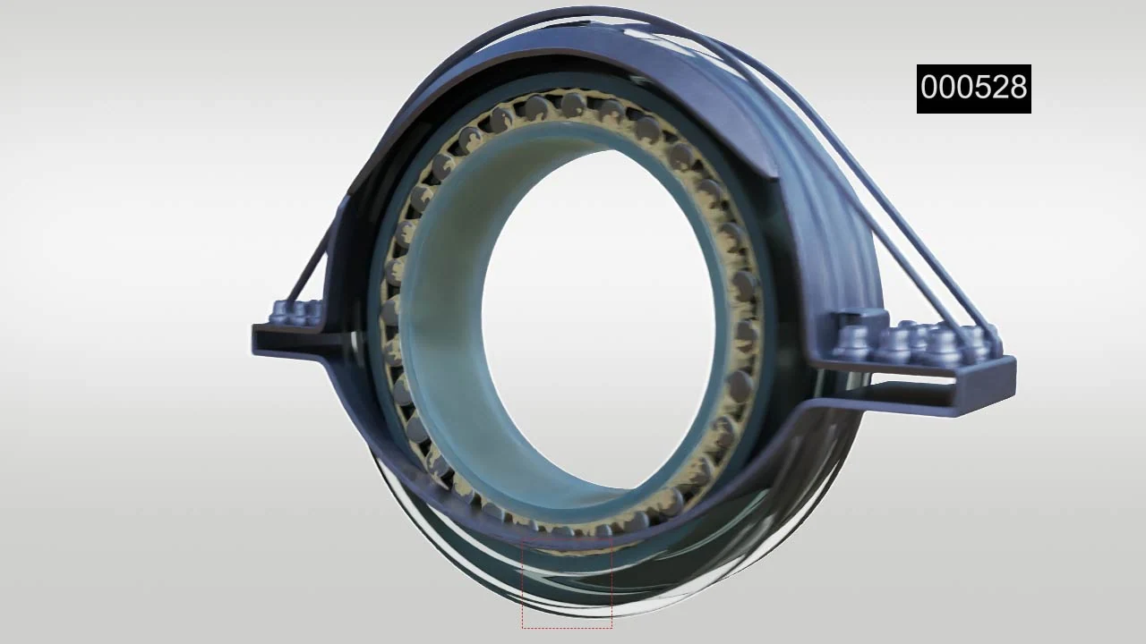Rendered bearing closeup showing controlled grease placement around the rollers.