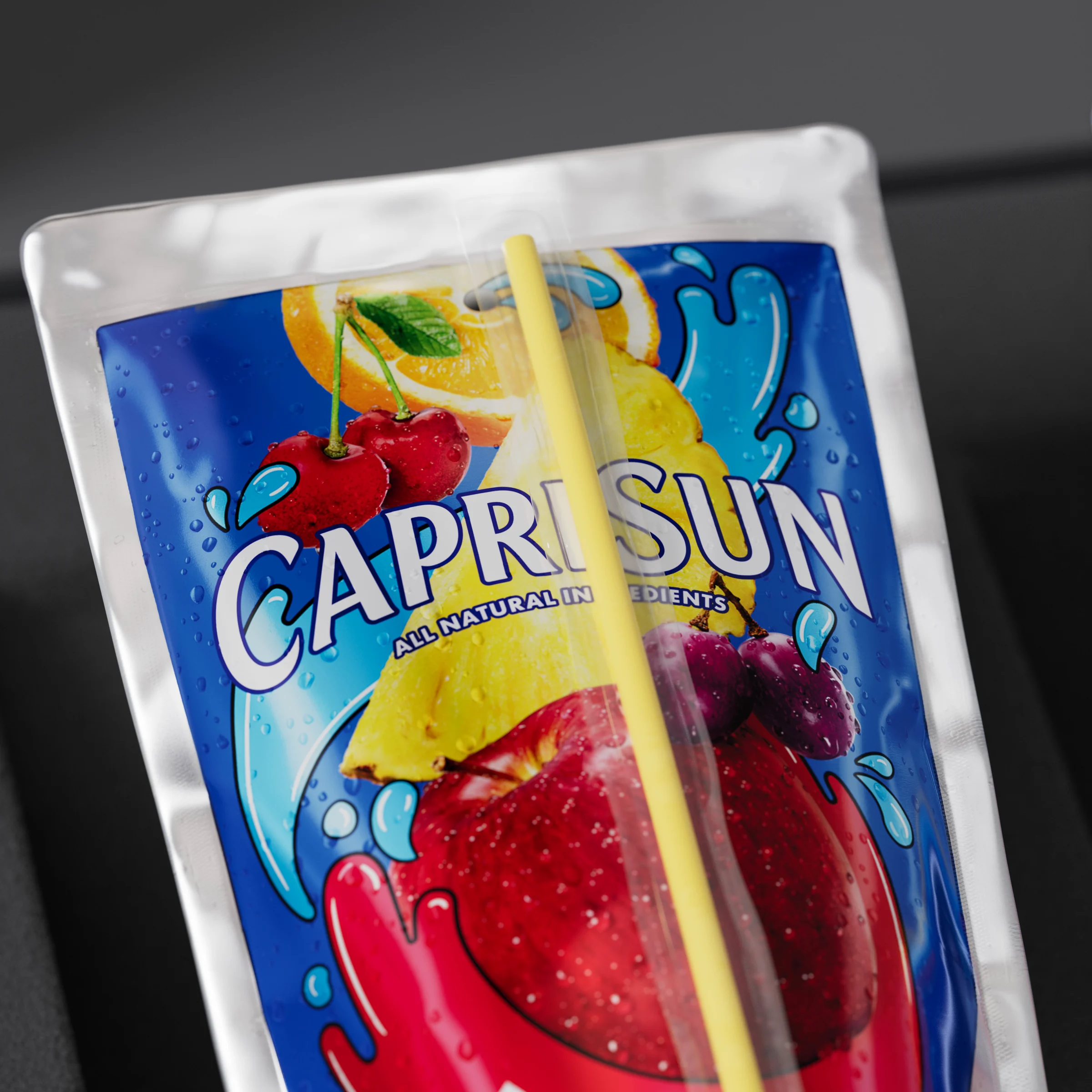 Macro rendering of a Capri Sun Noise Tech pouch showing metallic packaging and printed surface detail.