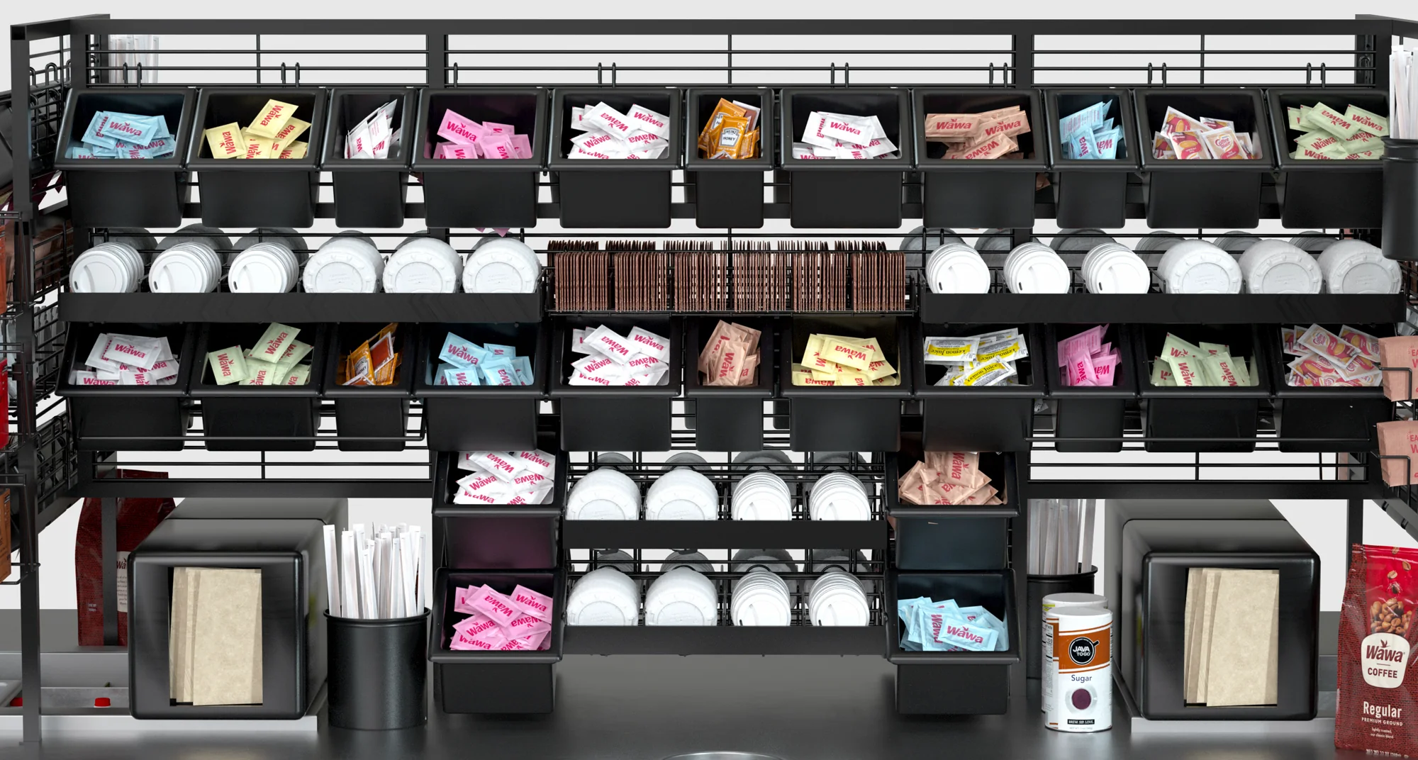 Close rendering of Wawa coffee cups, lids, packets, and organizers recreated for the Coffee Island visualization.