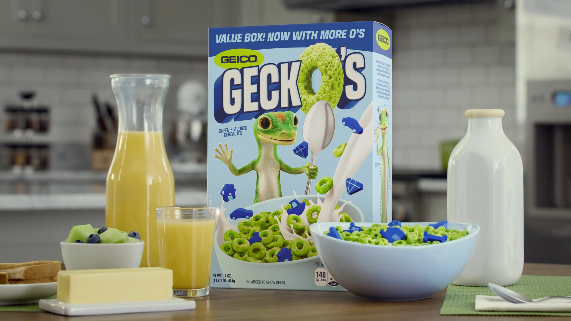 CG GeckO's cereal box integrated with photographed breakfast objects in a kitchen, before final color correction.