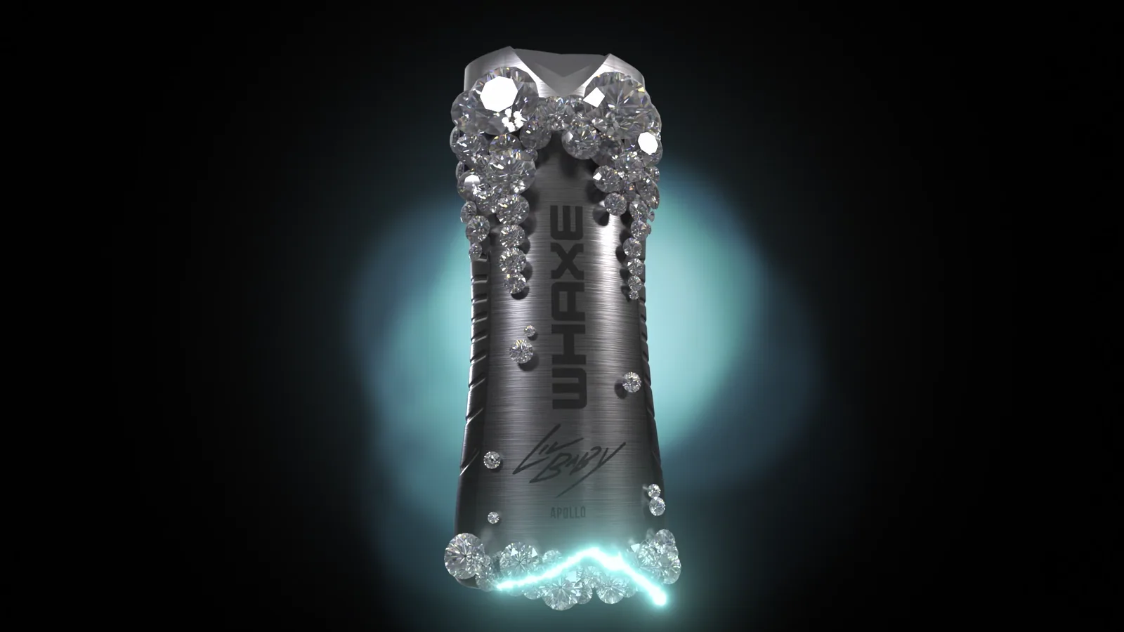 Diamond-covered AXE WHAXE shower gel suspended over an electric teal accent.