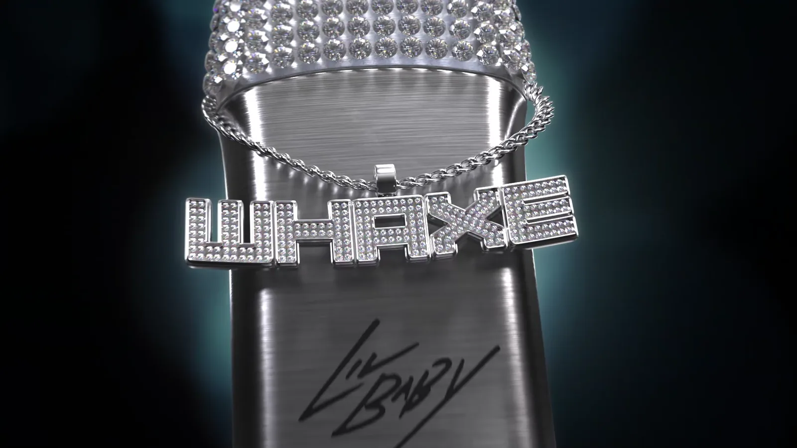 Close campaign frame of AXE Apollo body spray wrapped by the diamond WHAXE chain.