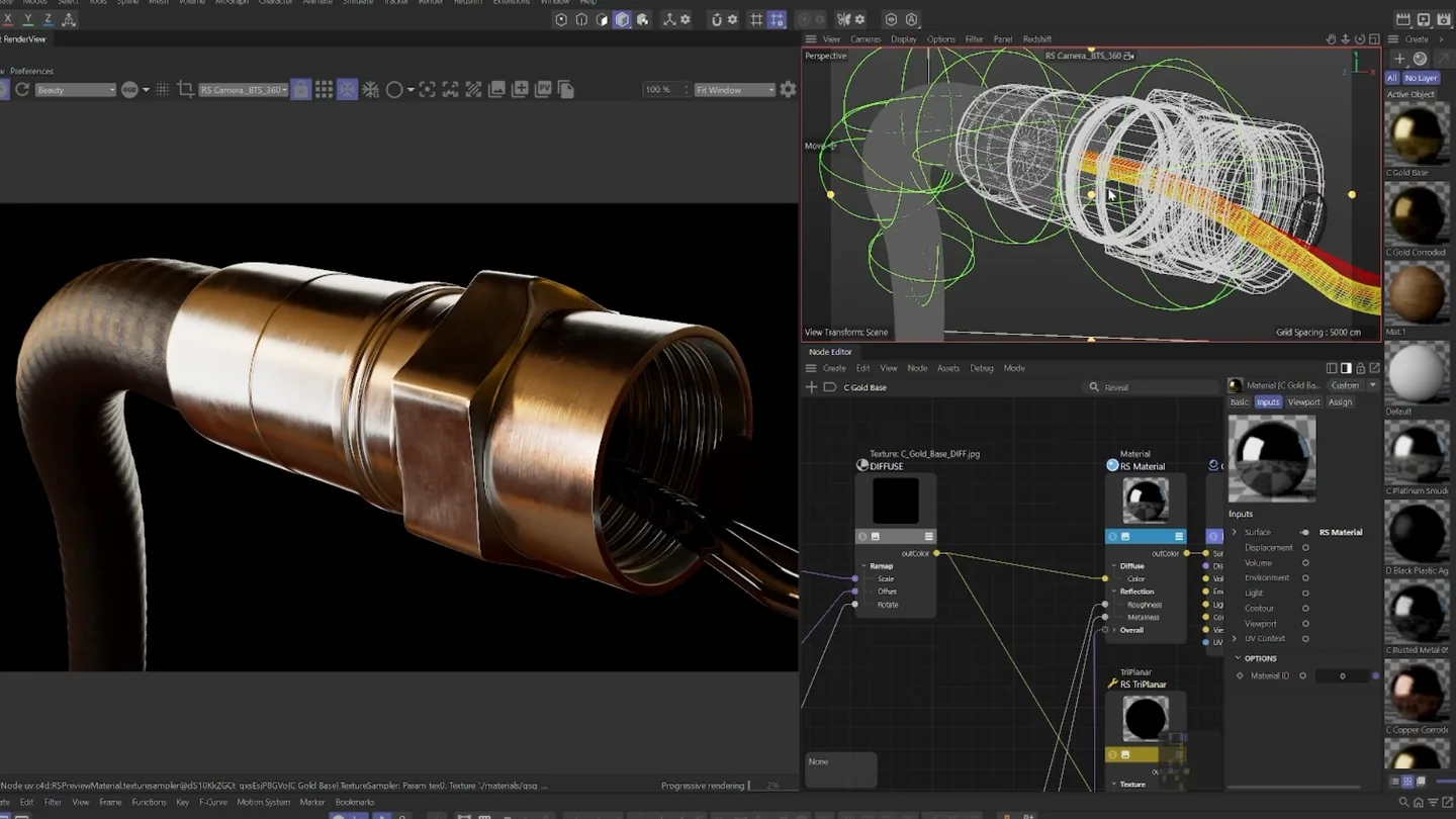 Cinema 4D and Redshift interface showing Cable Snake material look development.