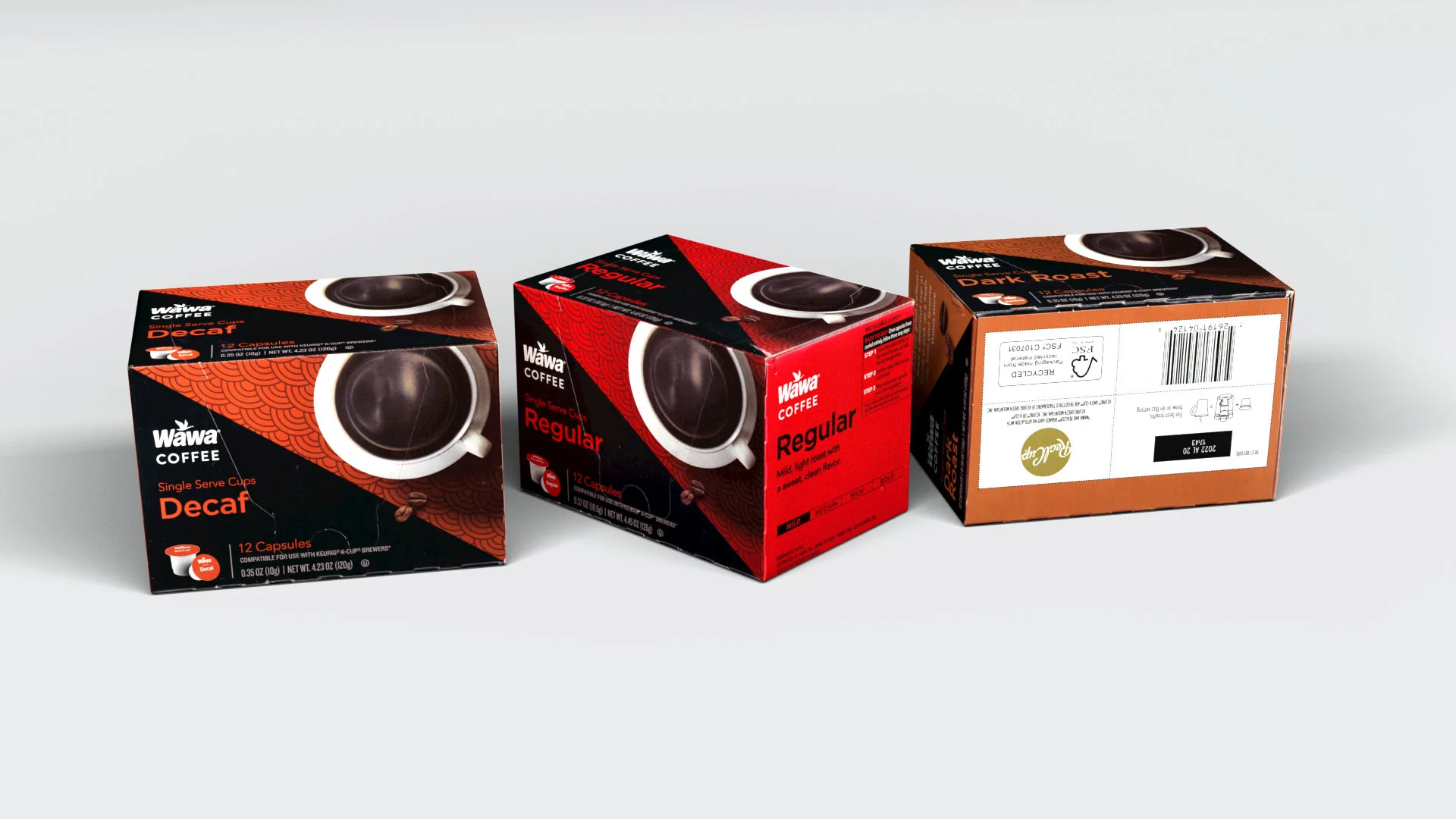 Rendered Wawa single-serve coffee packages reconstructed as product assets for the display.