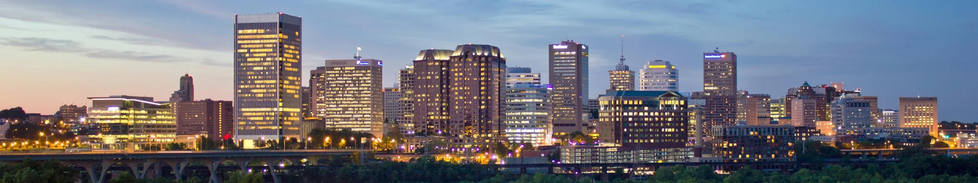 Richmond’s skyline at dusk, photographed across the James River.