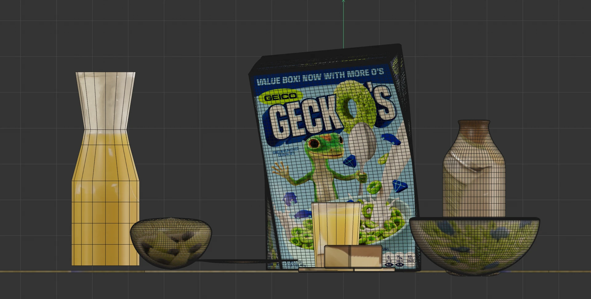 Front-view wireframe of the digital cereal box and stand-in geometry for the bowl, glass, carafe, milk bottle, and table.
