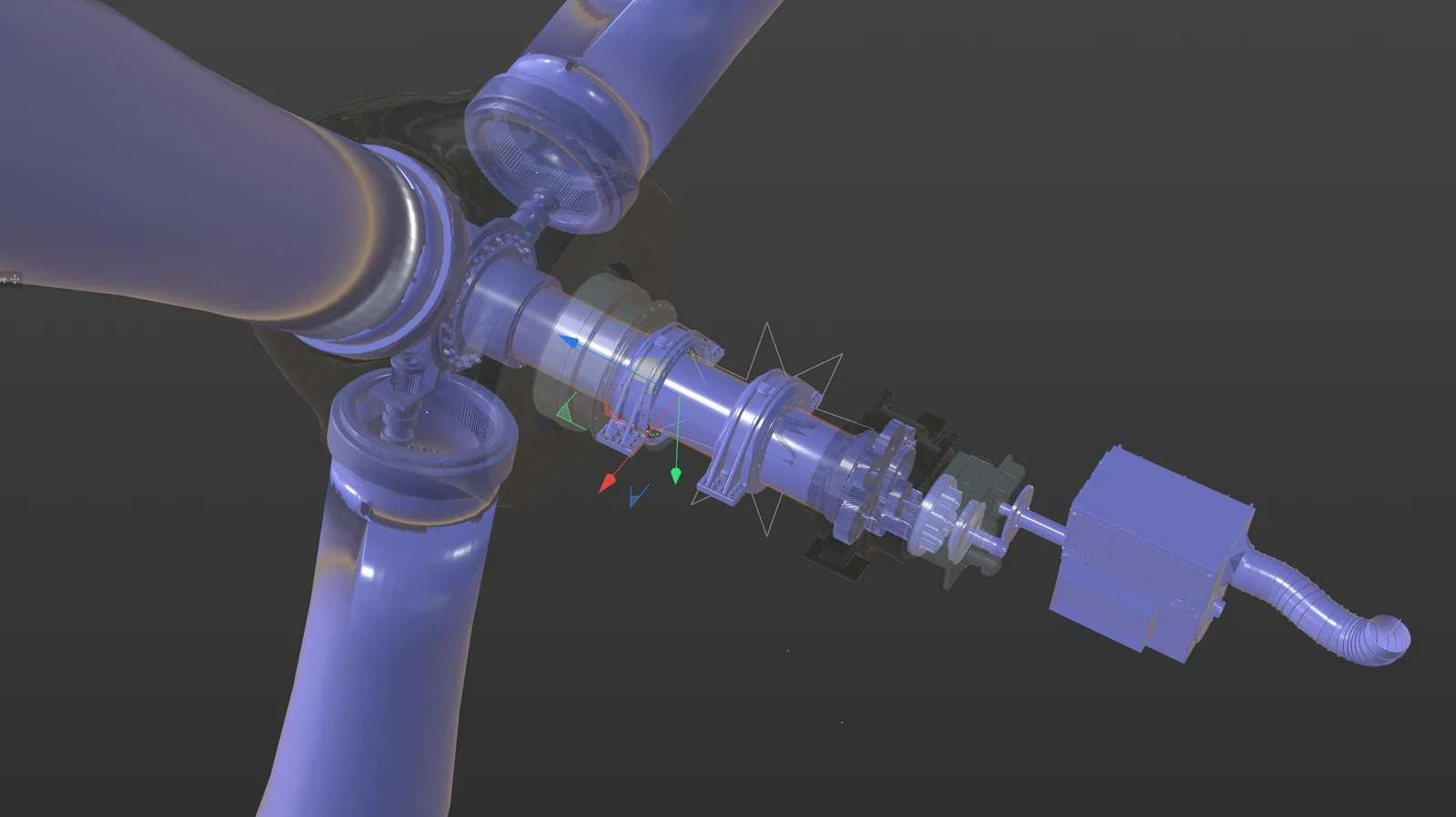 Cinema 4D viewport showing the reconstructed wind-turbine drivetrain.