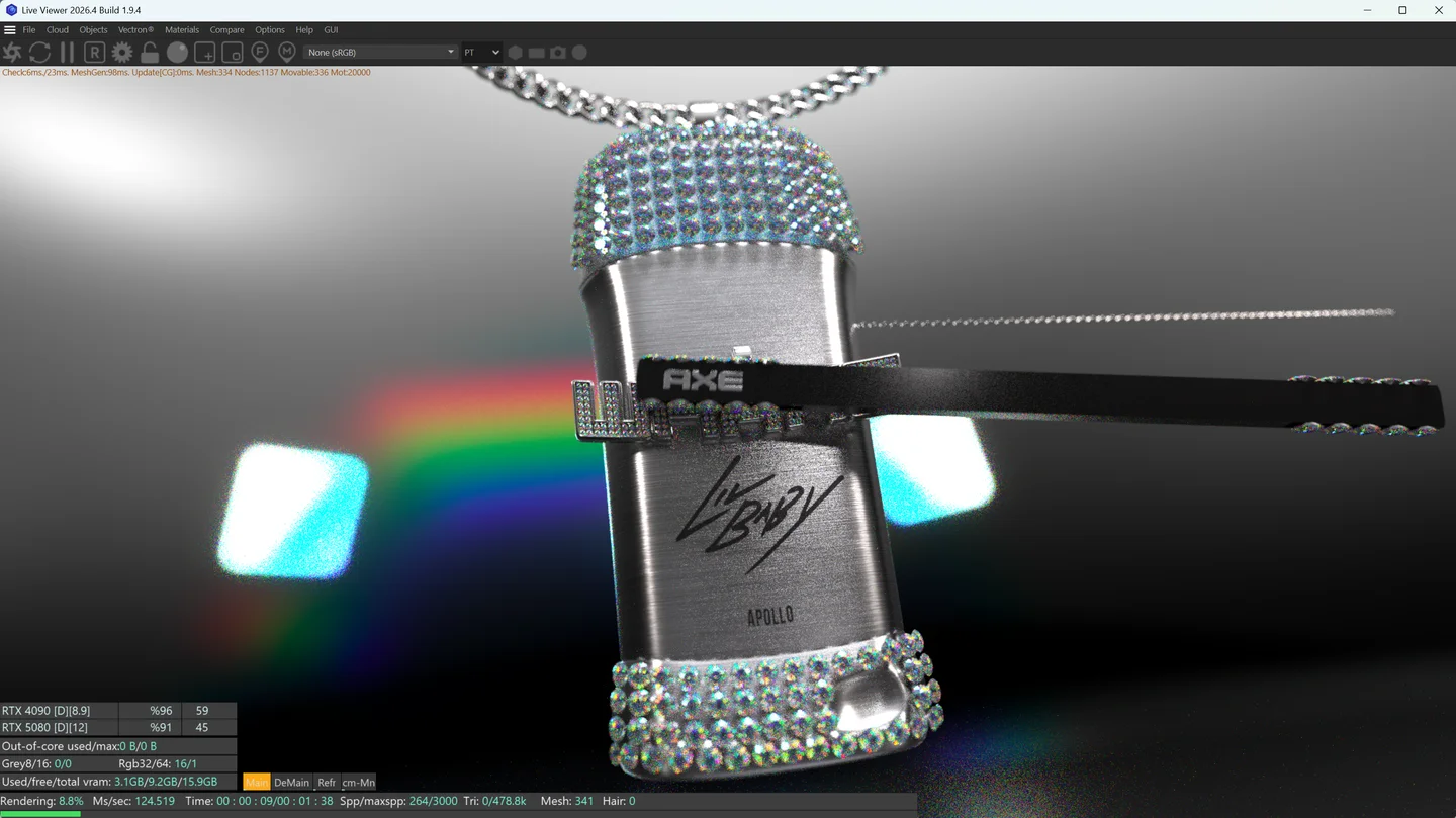WHAXE material and lighting preview with gemstones and toothbrush.