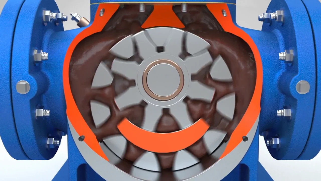 Chocolate flowing through the finished ROTAN pump cutaway.