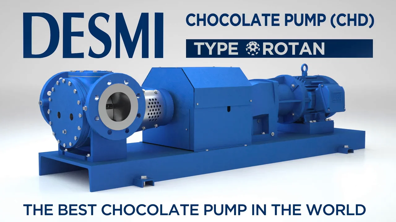 Overall DESMI ROTAN chocolate pump with motor and base in the delivered product film.