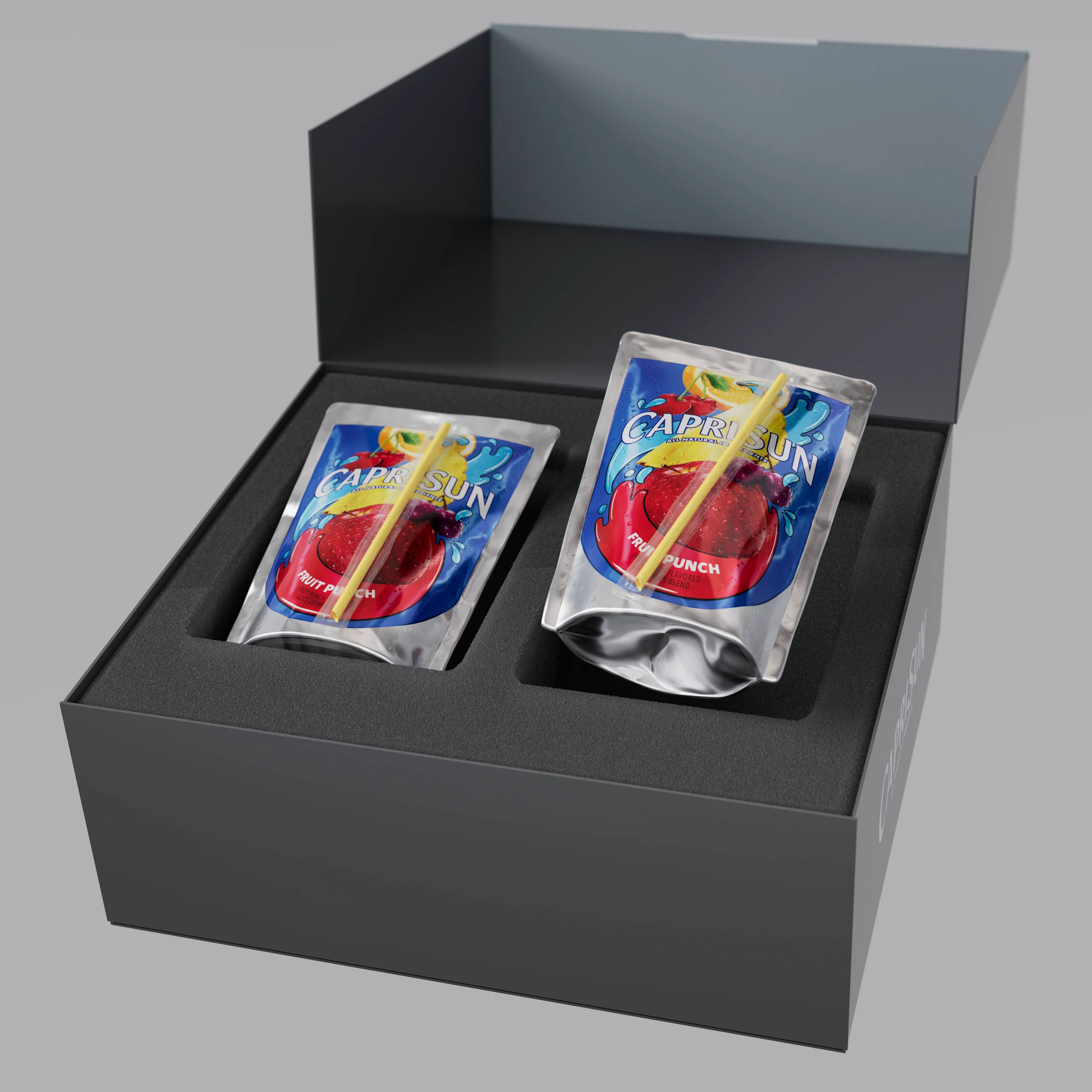 Rendering of two Capri Sun pouches arranged in a presentation box for Noise Tech.