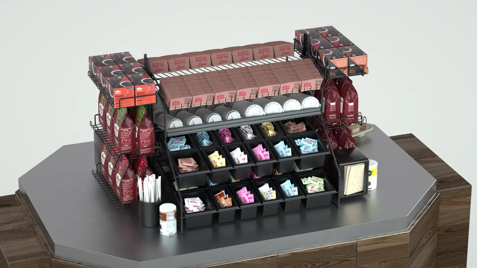 Rear view of the Wawa Coffee Island showing a different arrangement of coffee products and organizers.