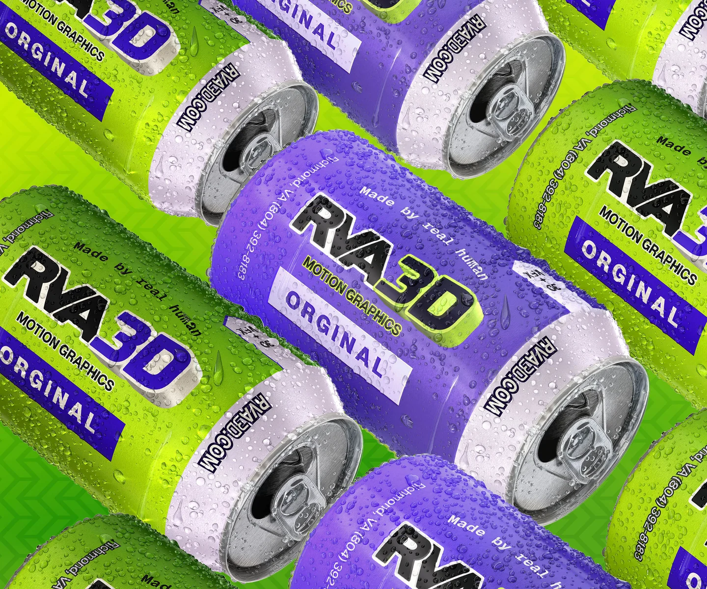 RVA3D self-promotional render of green and purple cans carrying RVA3D branding.