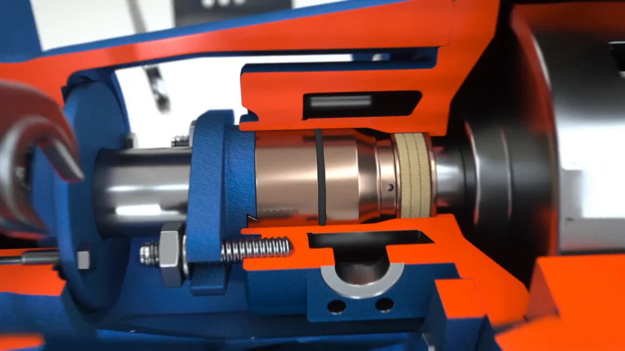 Finished close-up through the pump housing showing the shaft and internal assembly.