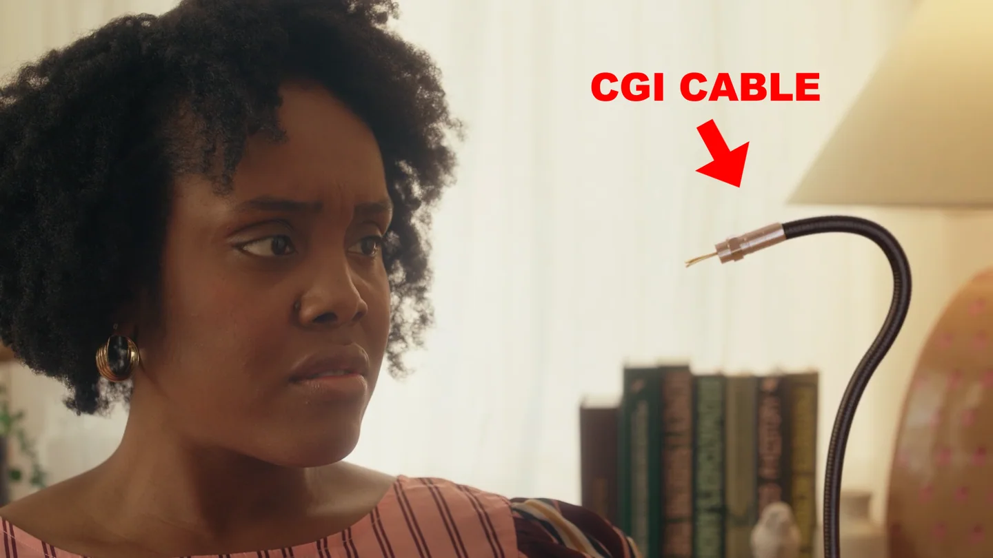 Behind-the-scenes frame labels the CG cable counterpart beside the performer.