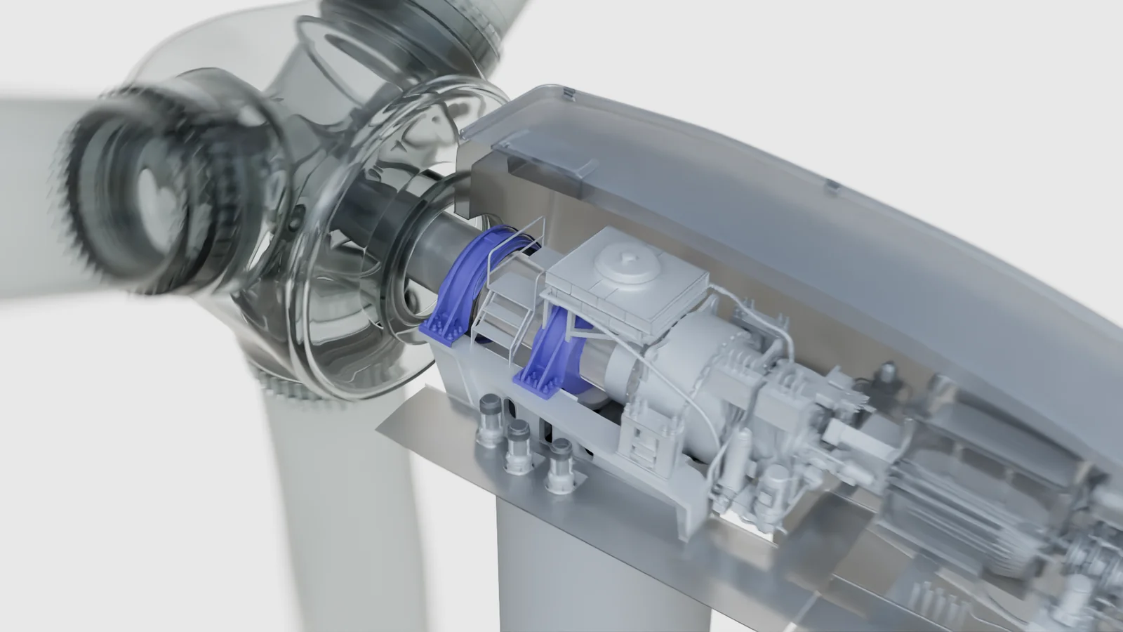 Wind-turbine drivetrain animatic with the main bearing highlighted in purple