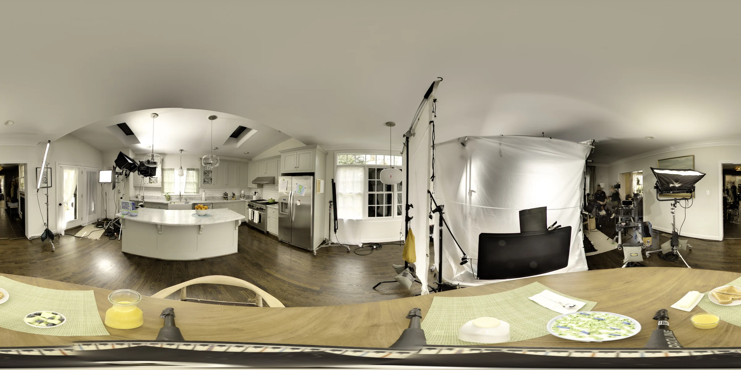Equirectangular panorama of the kitchen set used as a display reference for the on-set lighting capture.