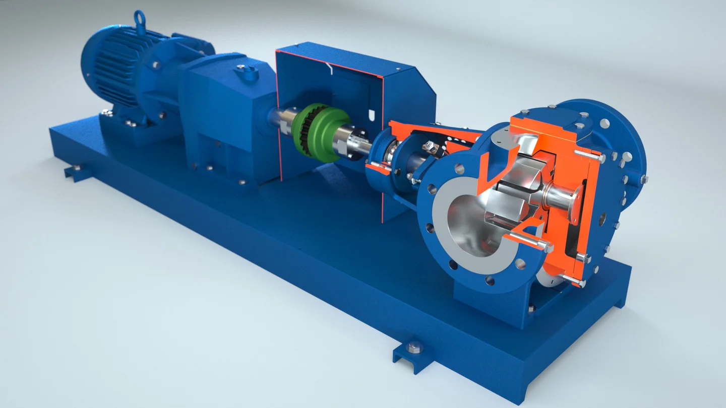 DESMI pump cutaway with the front housing removed and internal assembly visible.