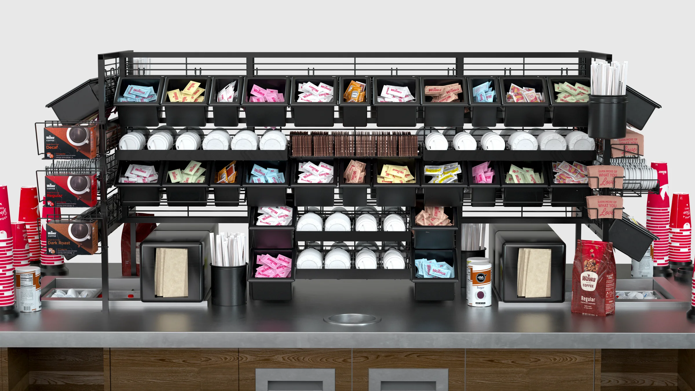 Wide rendering of a fully stocked Wawa Coffee Island display showing the fixture, coffee equipment, and product organization.