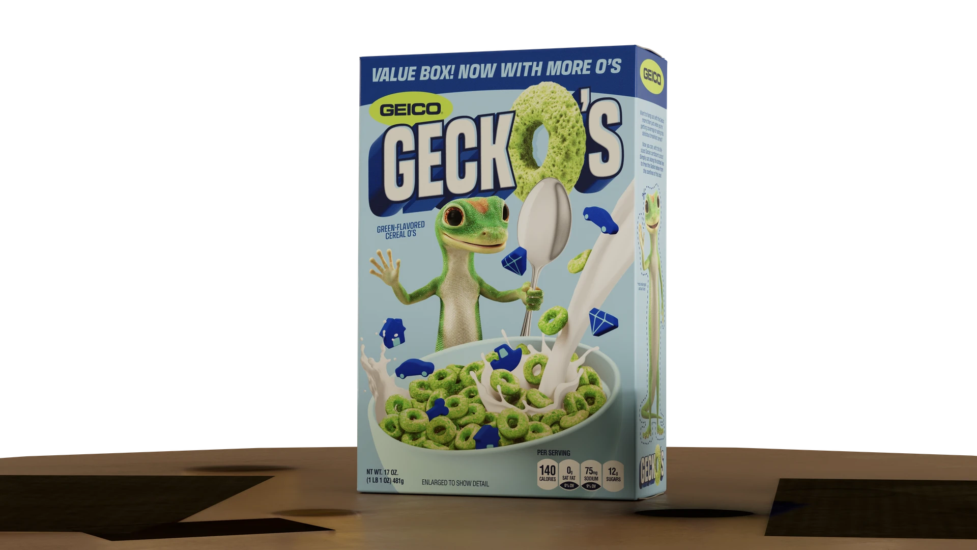 Rendered CG cereal box and table contribution with a transparent background, before compositing with the photographed scene.